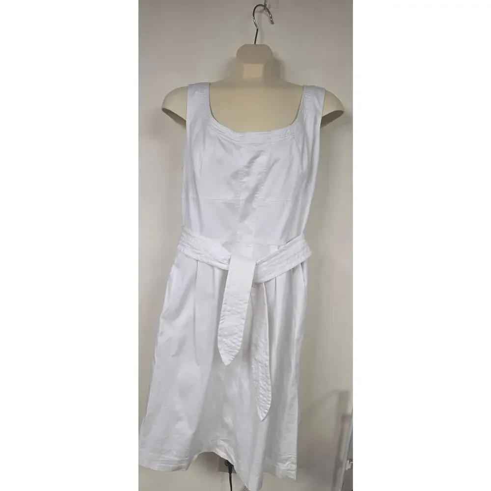 Tory Burch White Cotton Belted Fit Flare Dress Sleeveless Size 12 0044
